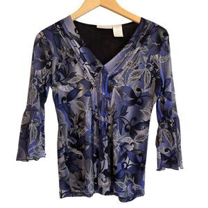 Vintage Worthington Women Fairy Dark Floral Y2K Babydoll Top Size S Bell Sleeve